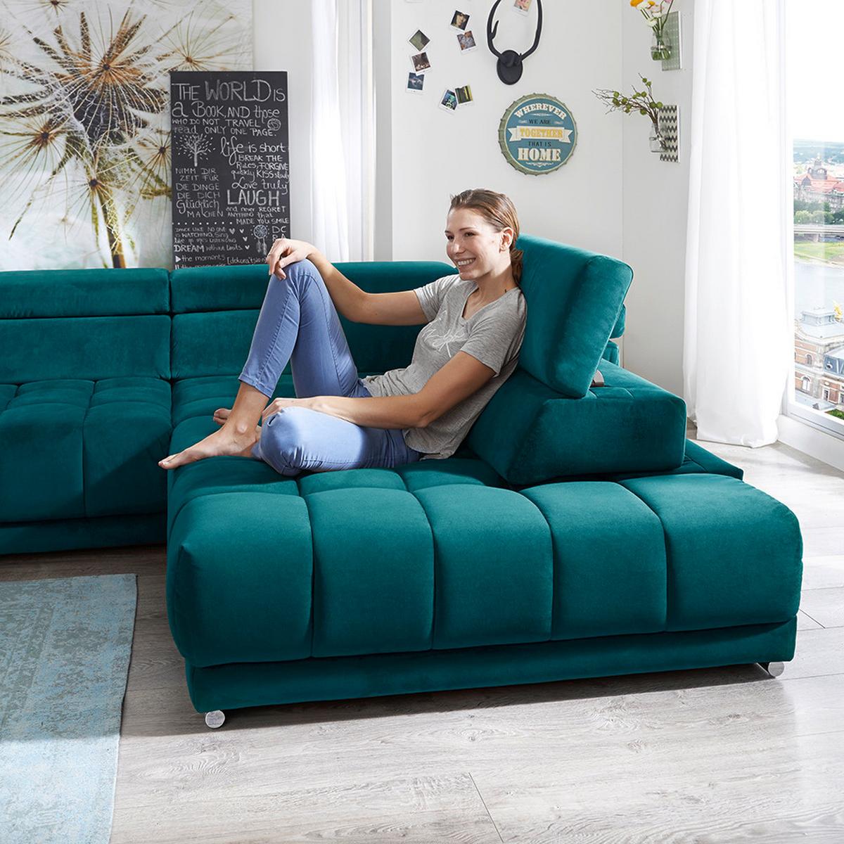Sedacia súprava IBA, pravá, tyrkysová, bez funkcií - chrómová/tyrkysová, Lifestyle, textil (323/73/222cm) - Premium Living