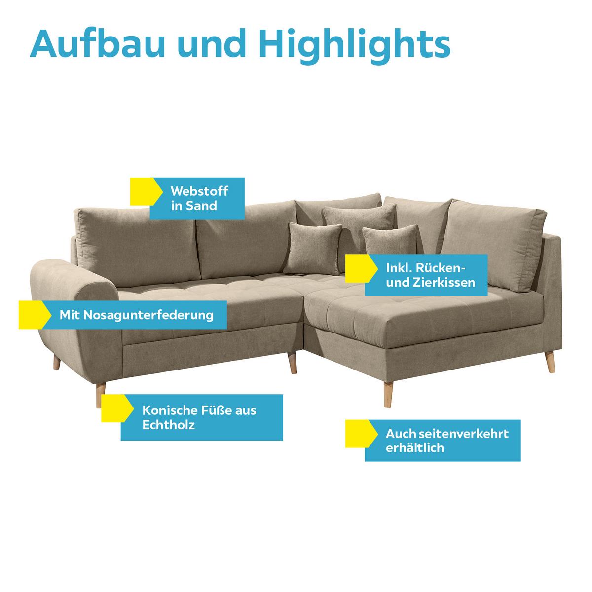 Ecksofa Mit Holzfüßen + Kissen Alice, Webstoff - Sandfarben/Kieferfarben, KONVENTIONELL, Holzwerkstoff/Textil (249/175cm) - MID.YOU