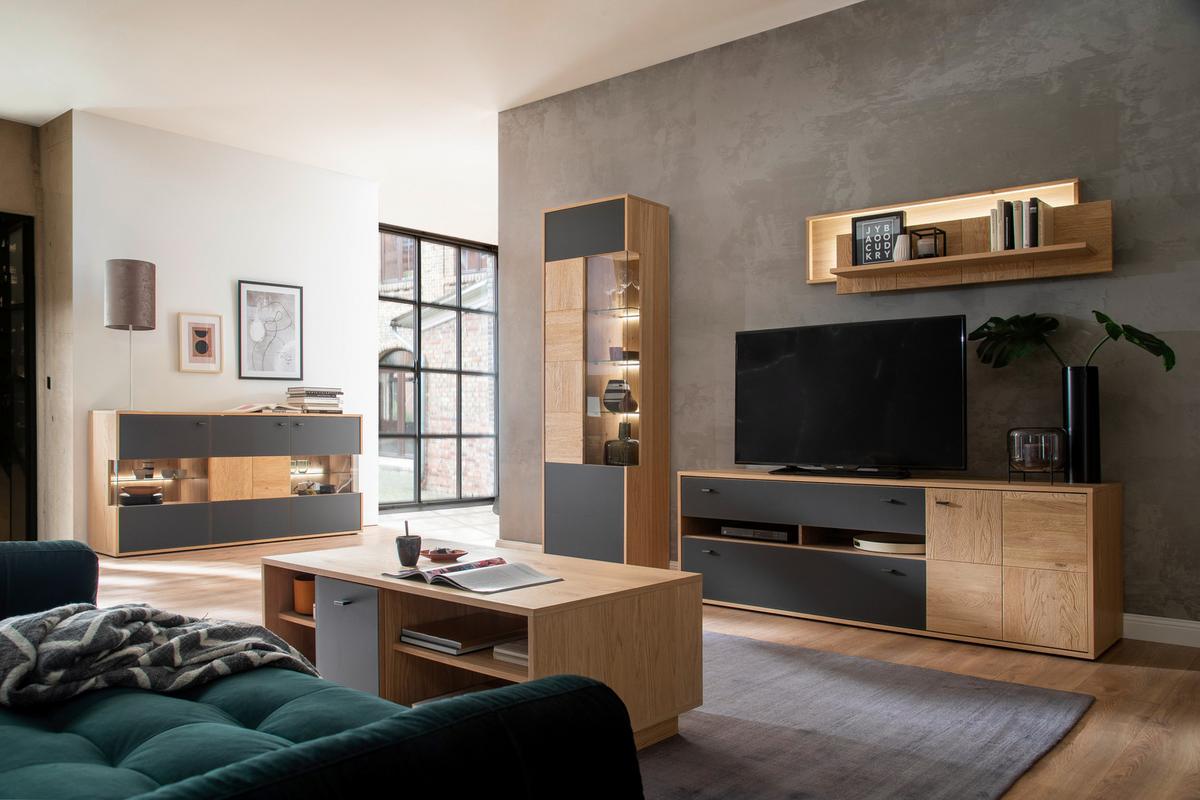 Wohnkombination Teilmassiv 3tlg. Valencia Anthrazit - Eiche Bianco/Anthrazit, Design, Glas/Holz (258/207/50cm) - MID.YOU