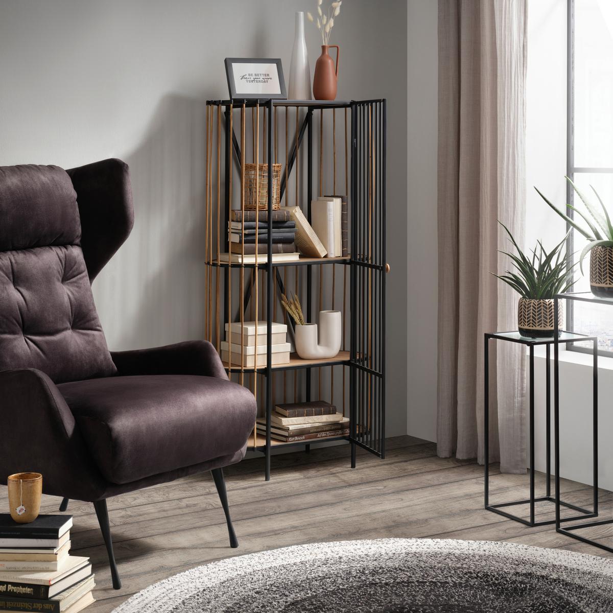 REGÁL BAMBOO - černá/přírodní barvy, Lifestyle, kov/dřevo (67/132/32cm) - Premium Living