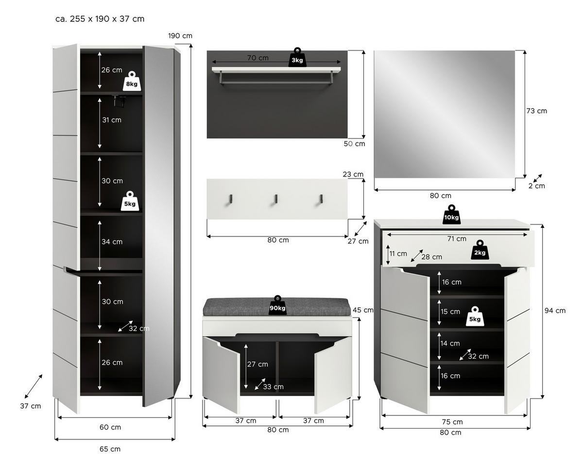Garderobe Canu 6-Teilig Weiß/Basalt Grau B: 255 cm - Weiß, Design, Holzwerkstoff (255/190/37cm) - Livetastic