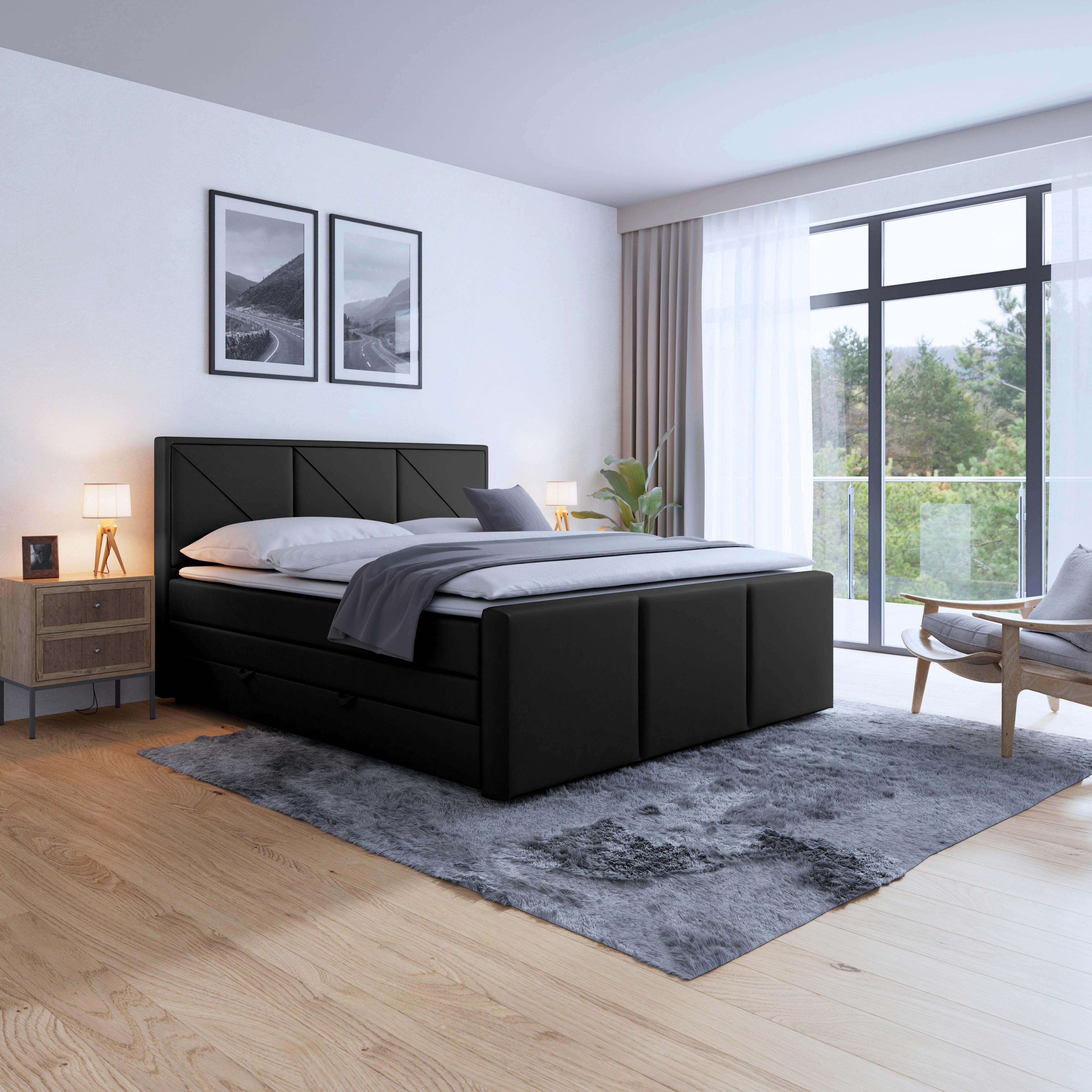 Boxspringbett Mit Bettkasten Bologna 180x200 Cm Schwarz - Schwarz, MODERN, Karton/Holzwerkstoff (180/200cm) - MID.YOU