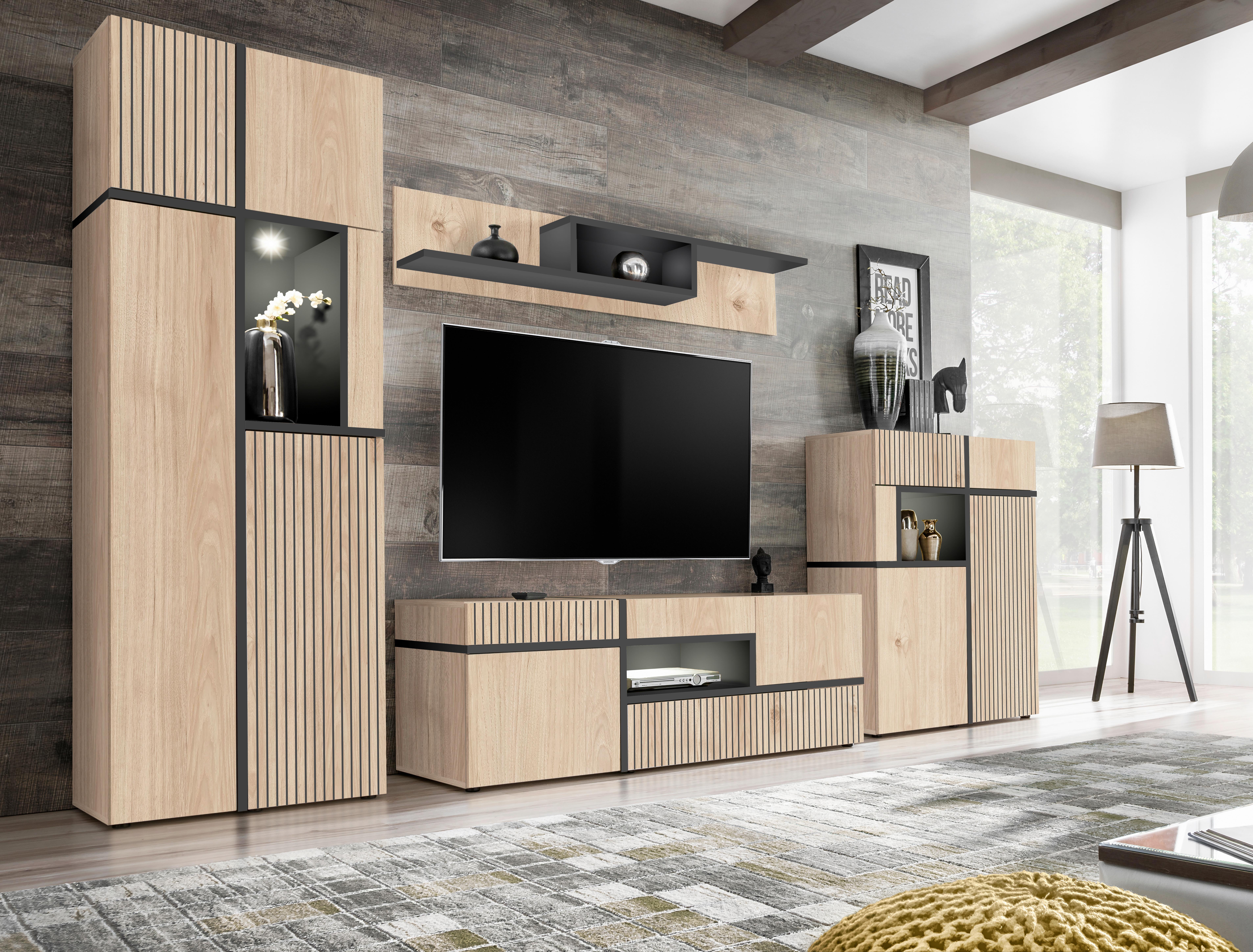 Obývacia stena CROSS čierna/hikória - čierna/hikória, Modern, kompozitné drevo/plast (330/195/50cm) - Premium Living