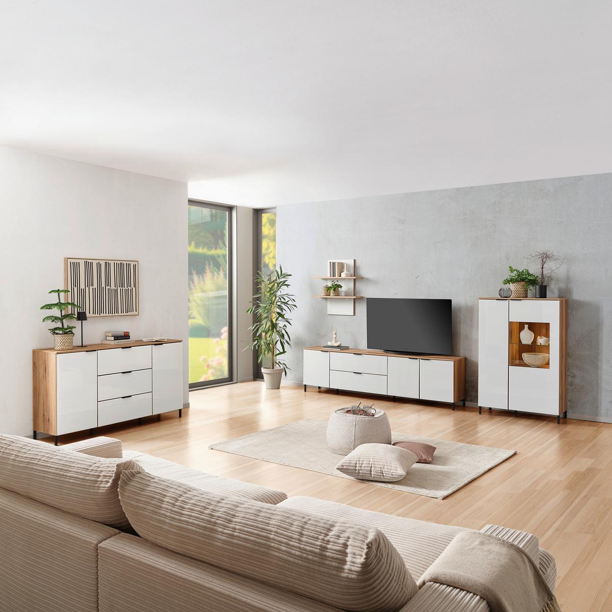 Tv-lowboard Austin 225 Cm Eichefarben/glasfront Weiß - Eichefarben/Schwarz, Trend, Glas/Holzwerkstoff (225/63/40cm)