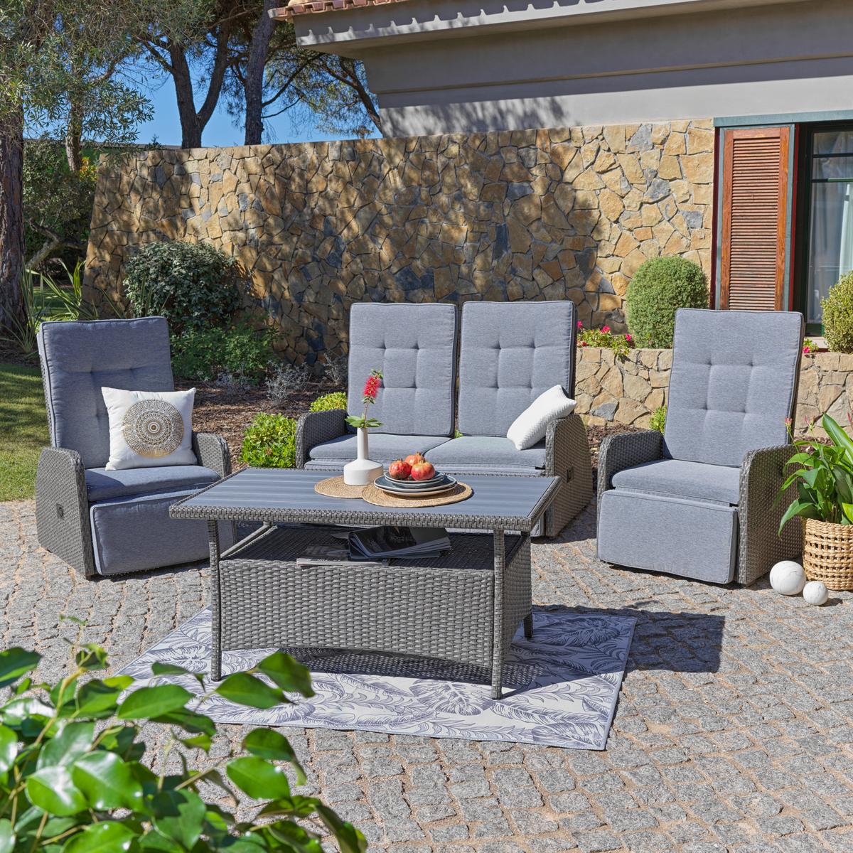 Loungegarnitur 4-Tlg Santander Metall/Polly-Rattan mit Kissen - Grau, MODERN, Kunststoff/Textil - Beldano