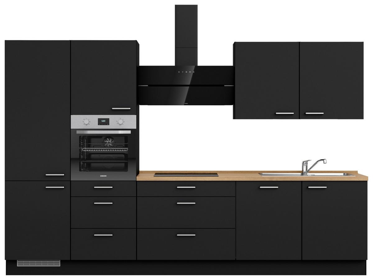Kuchyňská linka 330 cm, černá matná/ barva dub - černá/barvy dubu, Moderní, kov/kompozitní dřevo (330cm) - Nobilia