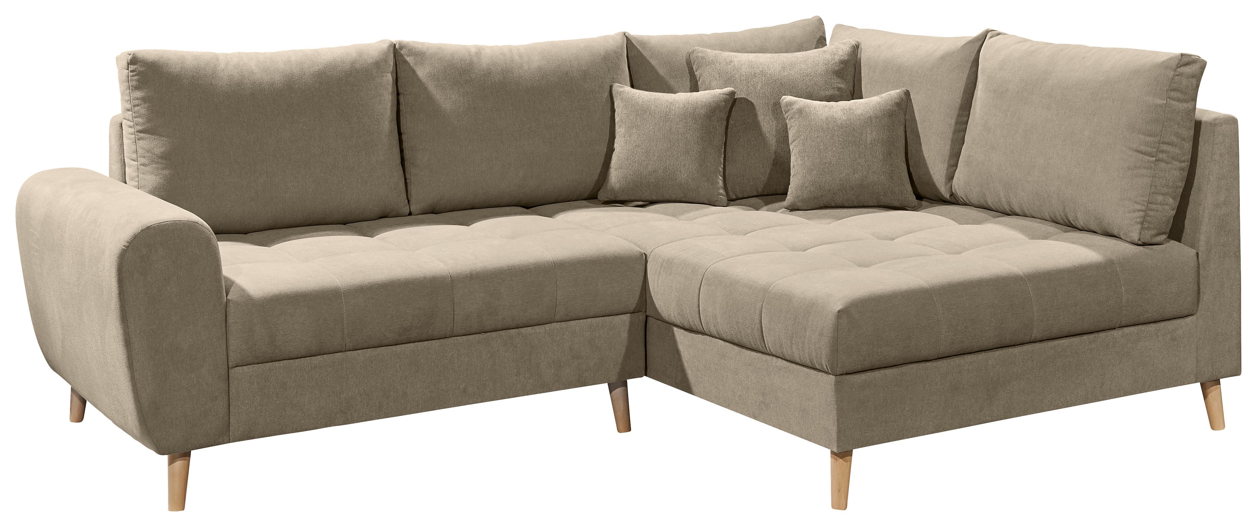 Ecksofa mit Holzfüßen + Kissen Alice, Webstoff - Sandfarben/Kieferfarben, KONVENTIONELL, Holzwerkstoff/Textil (249/175cm) - MID.YOU