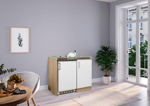 Miniküche mit Kühlschrank + Kochfeld 100 cm Weiß/Eiche - Edelstahlfarben/Eichefarben, MODERN, Holzwerkstoff/Metall (100cm) - Respekta