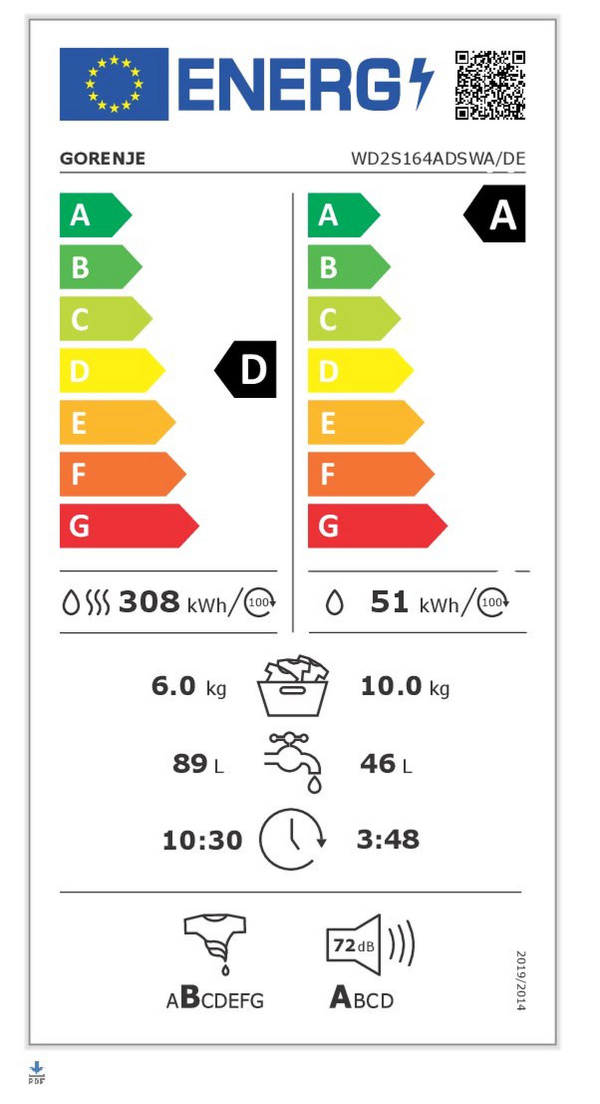 Waschtrockner Wd2s164adswa/de - Weiß, Basics, Metall (59,5/84,5/61cm) - Gorenje