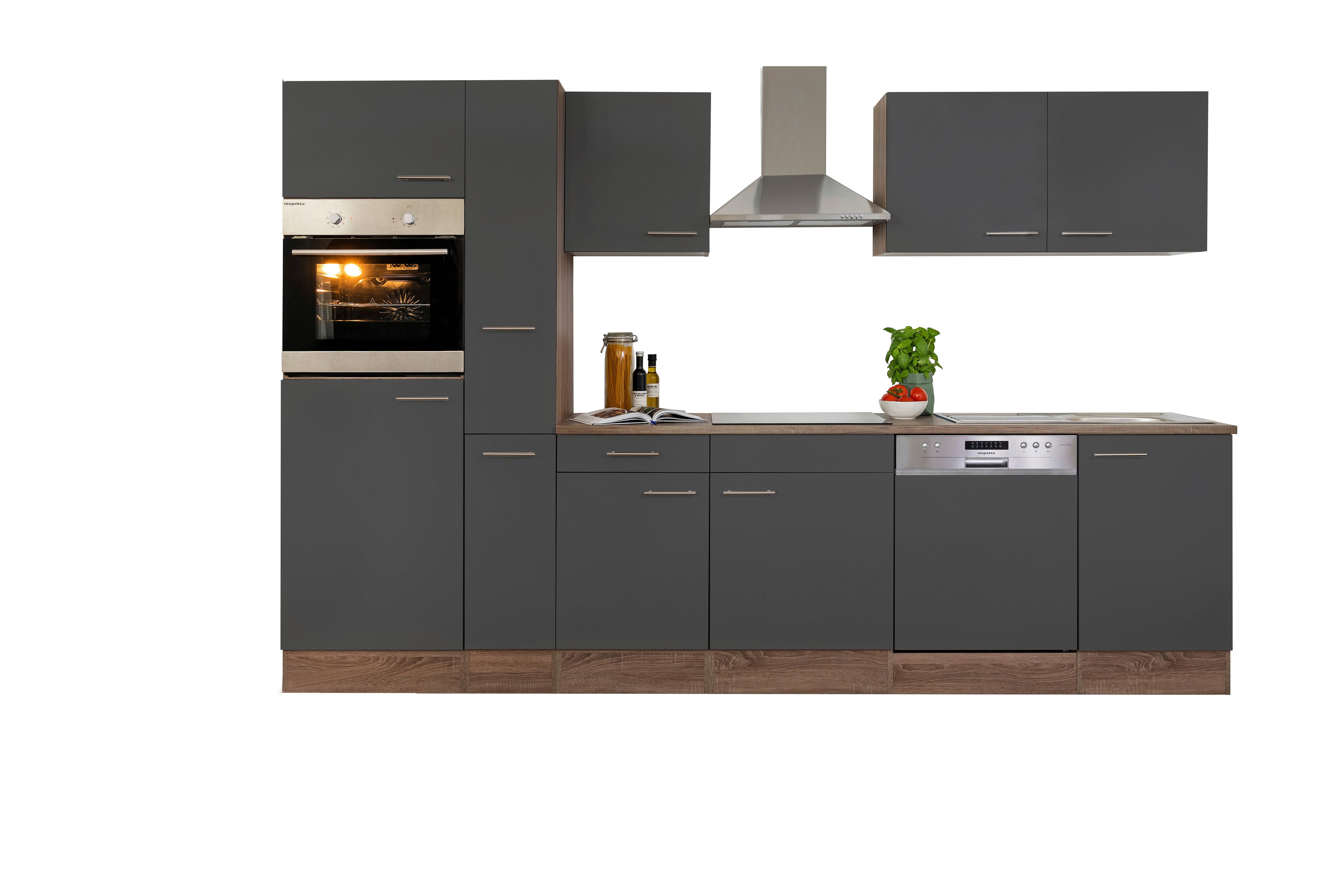 Küchenzeile ohne Geräte B: 310 cm Grau/Eiche Dekor - Eichefarben/Grau, Basics, Holzwerkstoff (310cm) - Respekta