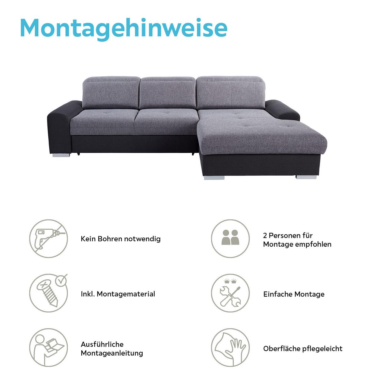 Ecksofa mit Schlaffunktion + Bettkasten Malaga, Webstoff - Silberfarben/Graphitfarben, KONVENTIONELL, Textil (286/203cm) - Ondega