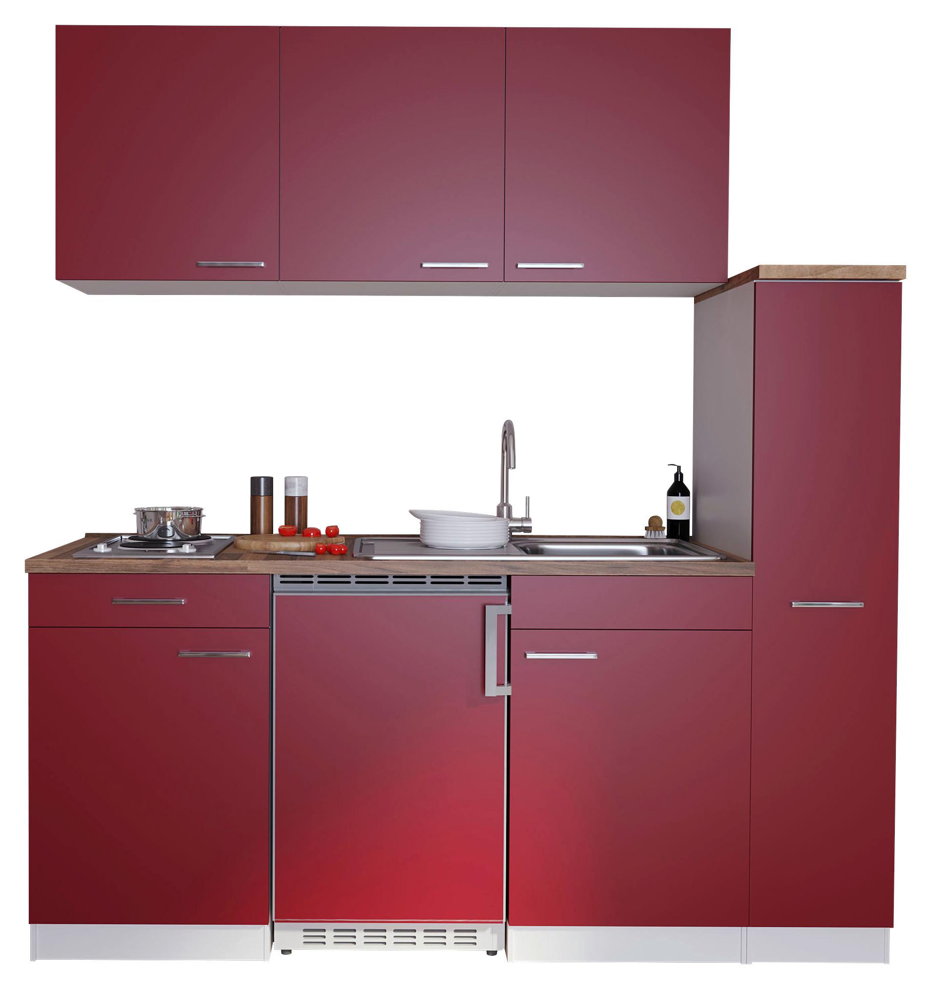 Küchenzeile Economy mit Geräten 180 cm Rot/Nussbaum Dekor - Rot/Nussbaumfarben, Basics, Holzwerkstoff (180cm) - Respekta