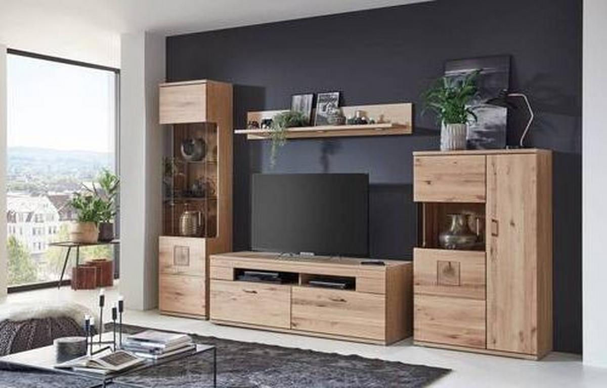 Wohnwand Kansas - Alteiche/Silberfarben, KONVENTIONELL, Glas/Holz (330/208,3/50,2cm) - Livetastic
