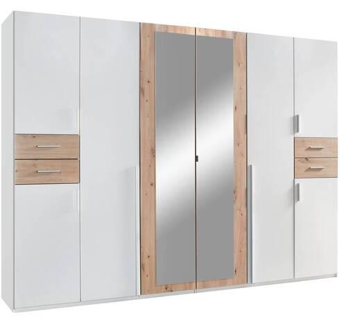 Drehtürenschrank Mit Spiegel + Laden B: 270 cm Vegas, Weiß - Eiche Artisan/Weiß, Basics, Holzwerkstoff (270/208/58cm) - MID.YOU
