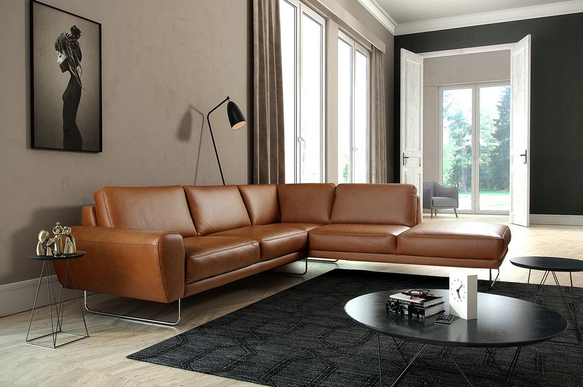 Ecksofa Spring Cognac Chrom S: 273x250 Cm - Chromfarben/Cognac, Design, Leder (273/250cm) - Livetastic