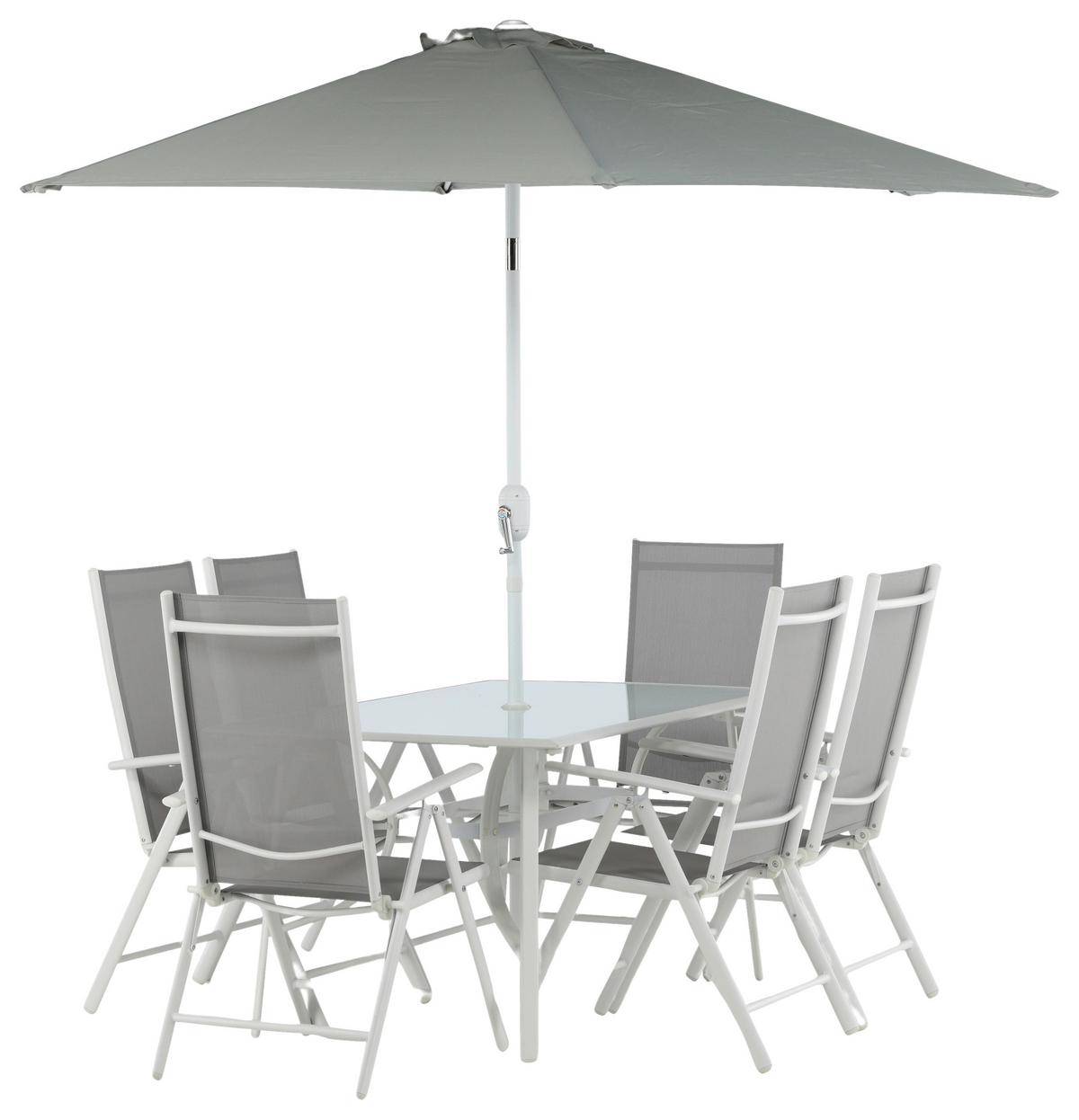 Gartentischgruppe 8-tlg Brekki Aus Aluminium Mit Schirm - Weiß, KONVENTIONELL, Glas/Metall - Gardenson