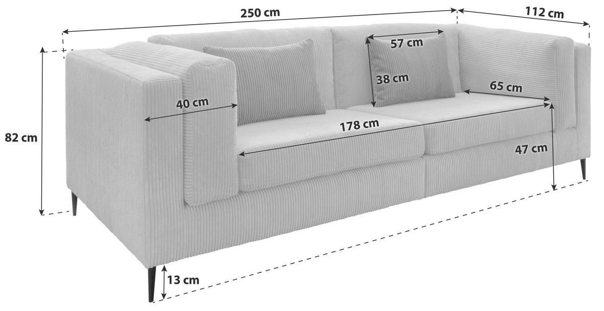 3-sitzer-sofa Roma Braun/grau Kord - Koralle/Schwarz, Design, Textil (250/82/112cm) - Livetastic