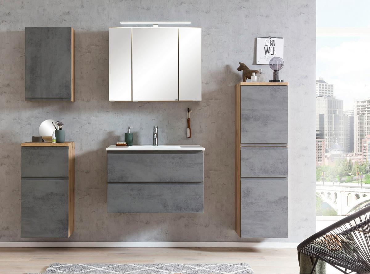 Waschbecken mit Unterschrank Varese B: 80 cm Grau/Eiche - Eiche Wotan/Graphitfarben, MODERN, Holzwerkstoff/Stein (80cm) - Held