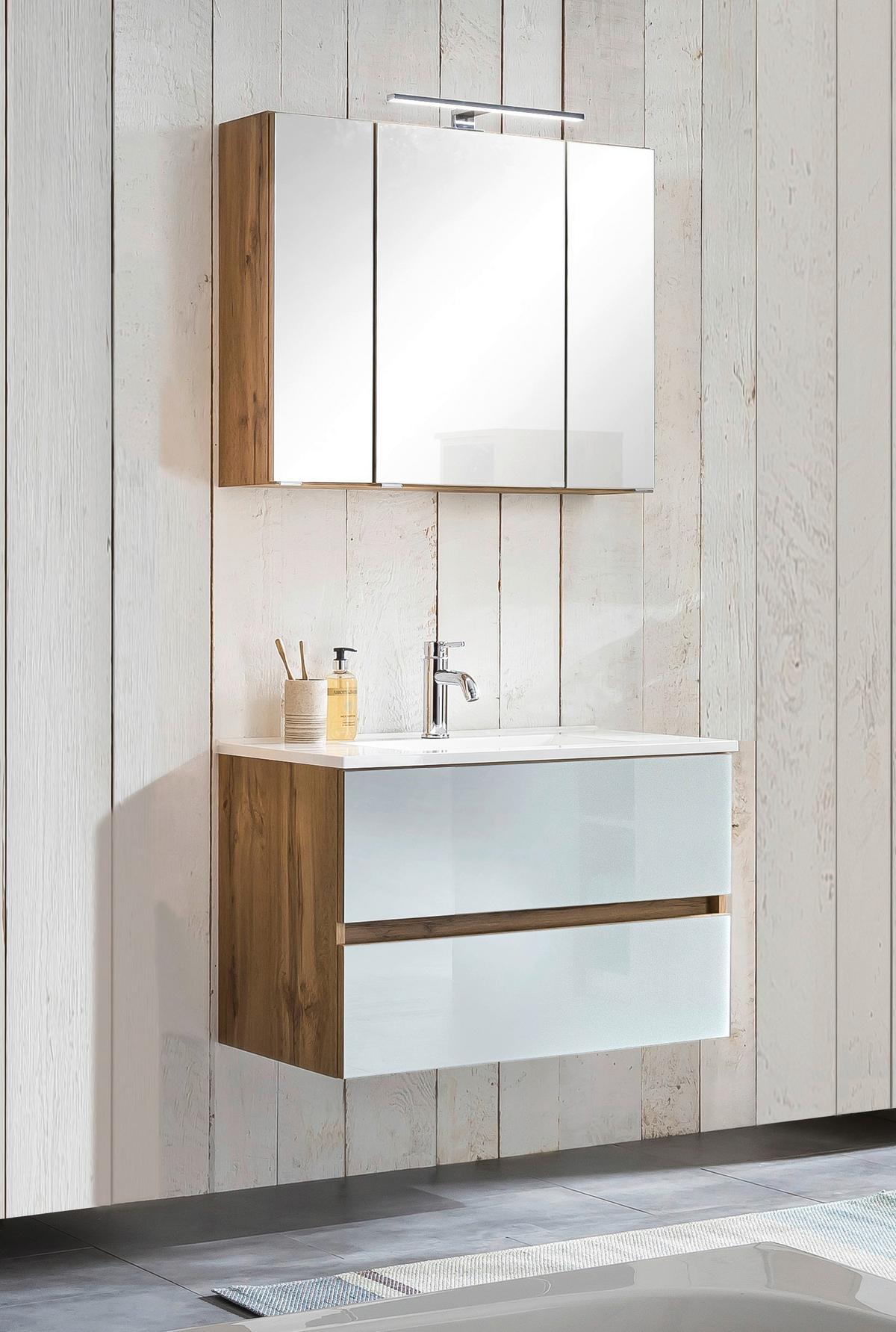 Badmöbel-Set 3-Tlg. inkl. LED Helsinki B: 80 cm, Weiß/Eiche - Eichefarben/Weiß, KONVENTIONELL, Glas/Holzwerkstoff (80cm) - Held