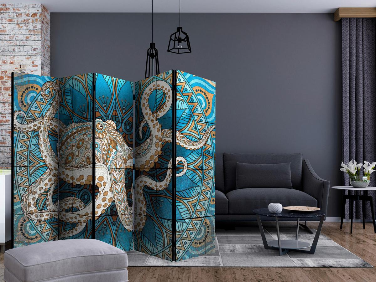 Paravent Blau Braun B: 225 Cm - Blau/Braun, MODERN, Holz/Kunststoff (225/172/3cm) - artgeist