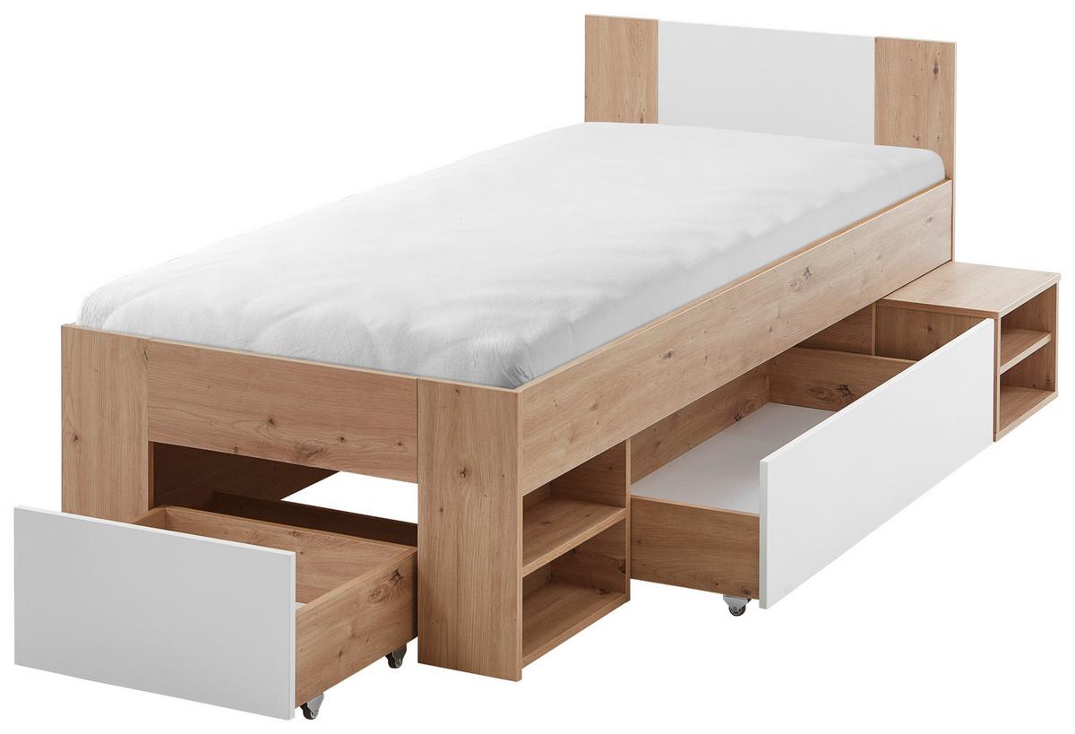 Stauraumbett mit Bettladen 90x 200cm Azurro Weiß/Eiche - Eiche Artisan/Weiß, MODERN, Holzwerkstoff (90/200cm)