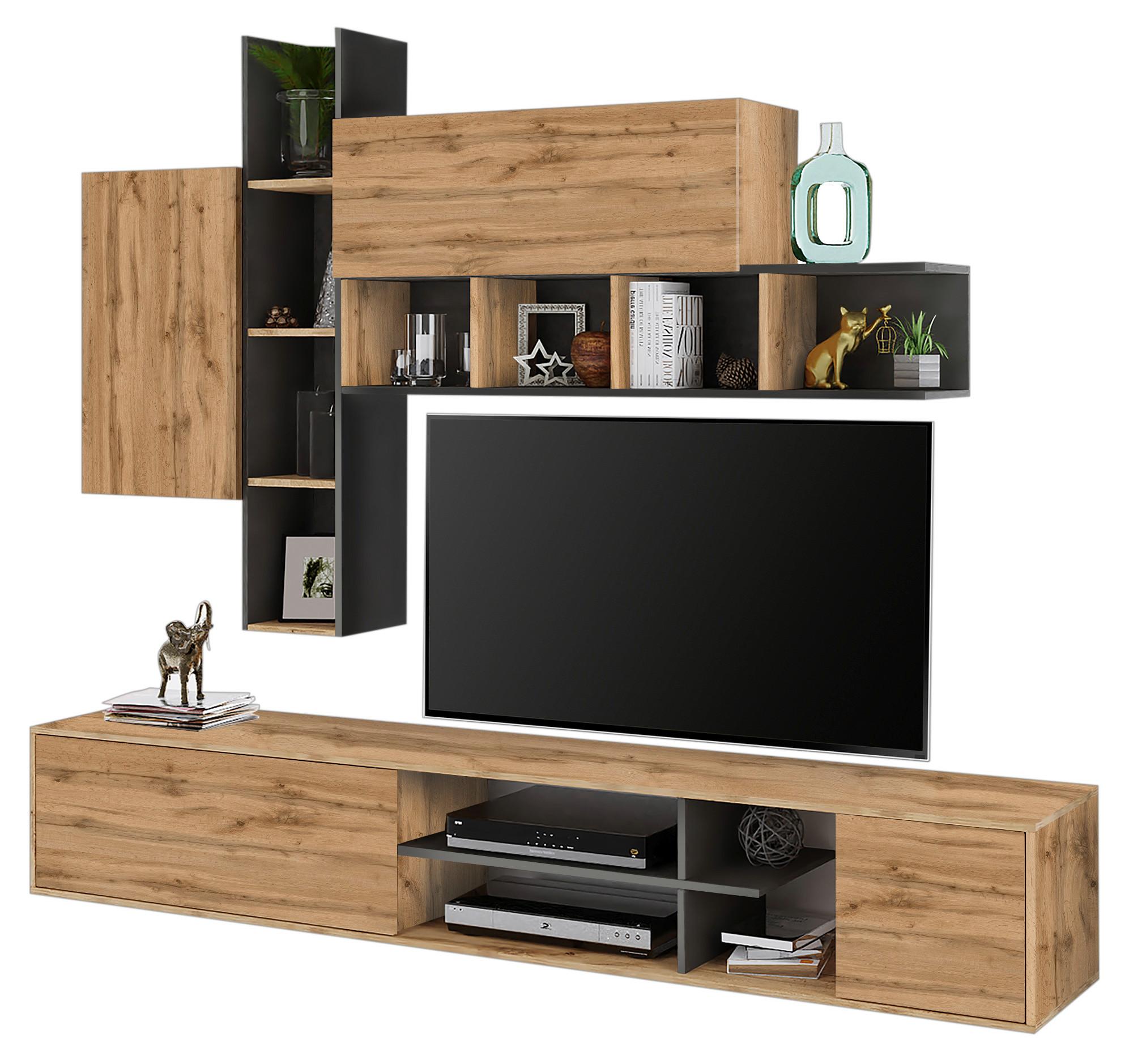 Obývacia stena RAW, š: 220 cm - grafitová/dub wotan, Modern, kompozitné drevo (220/180/40cm) - Based