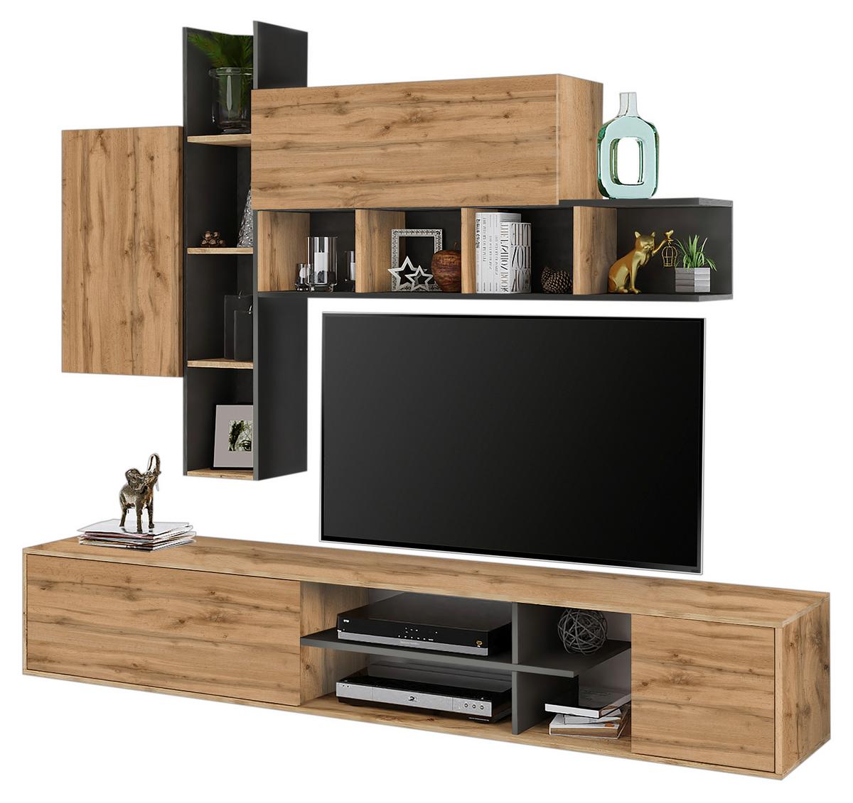 Obývací stěna RAW, š: 220 cm - barvy grafitu/dub wotan, Moderní, kompozitní dřevo (220/180/40cm) - Based