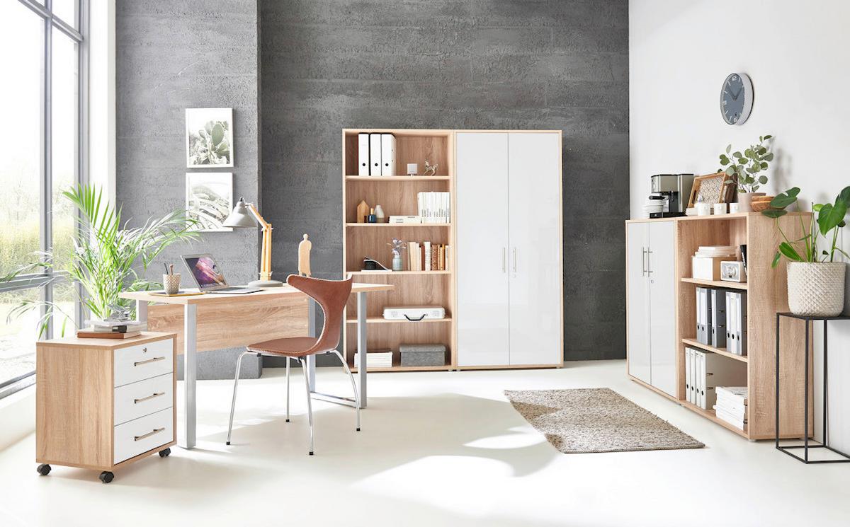 Büro Office Edition Eiche Dekor/weiß Hochglanz - Weiß Hochglanz/Sonoma Eiche, MODERN, Holzwerkstoff/Metall - MID.YOU