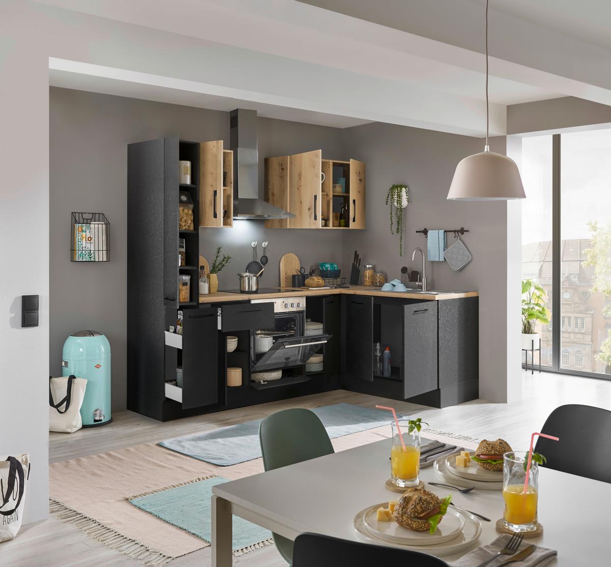 Eckküche Turin Schwarz/Eiche Dekor 240x165 cm - Schwarz/Eiche Artisan, Basics, Holzwerkstoff (240/165cm) - MID.YOU