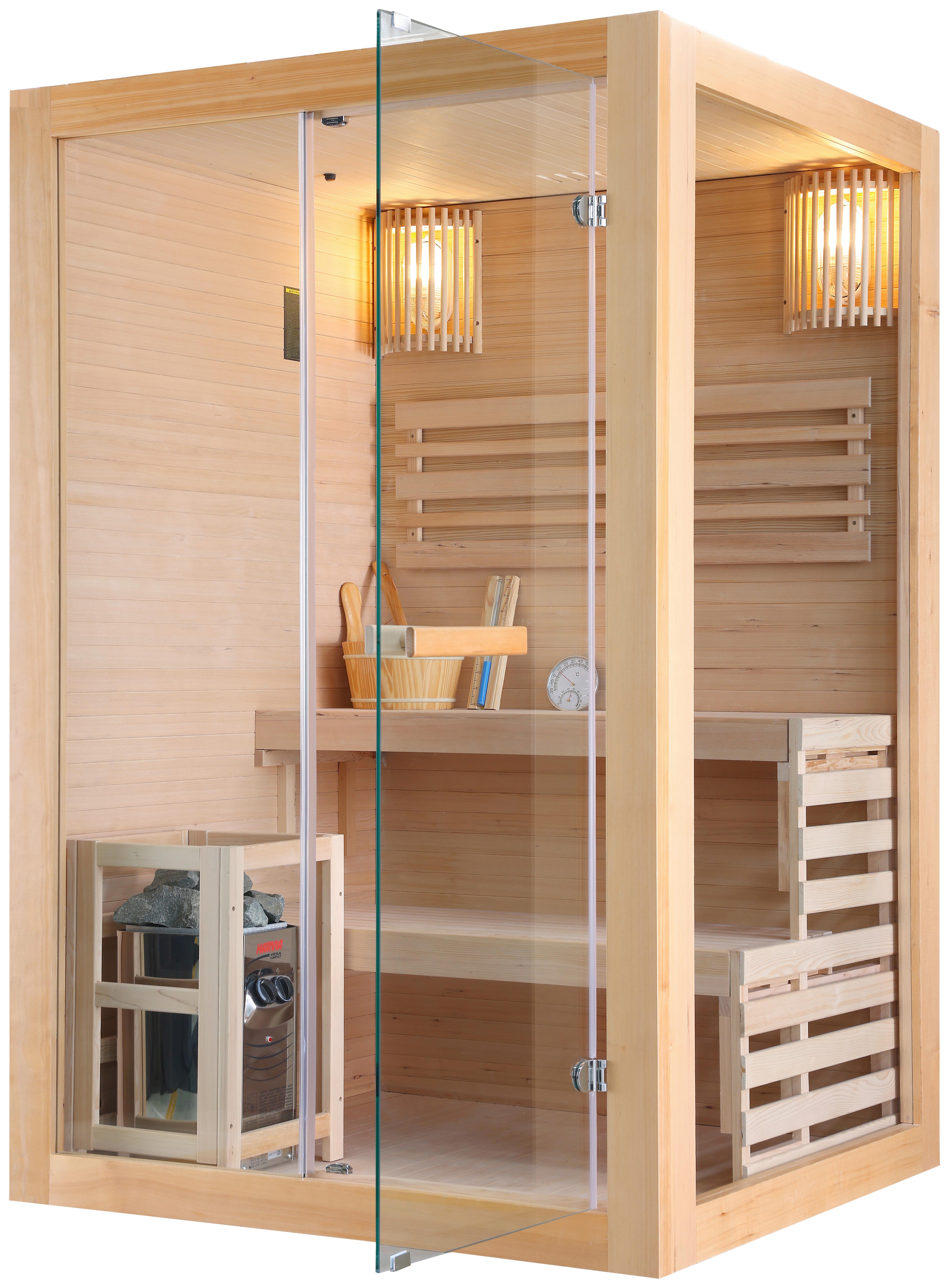 Finnische Panoramasauna BxHxT: 130x120x200 cm - Naturfarben, Basics, Glas/Holz (130/120/200cm) - Sanotechnik