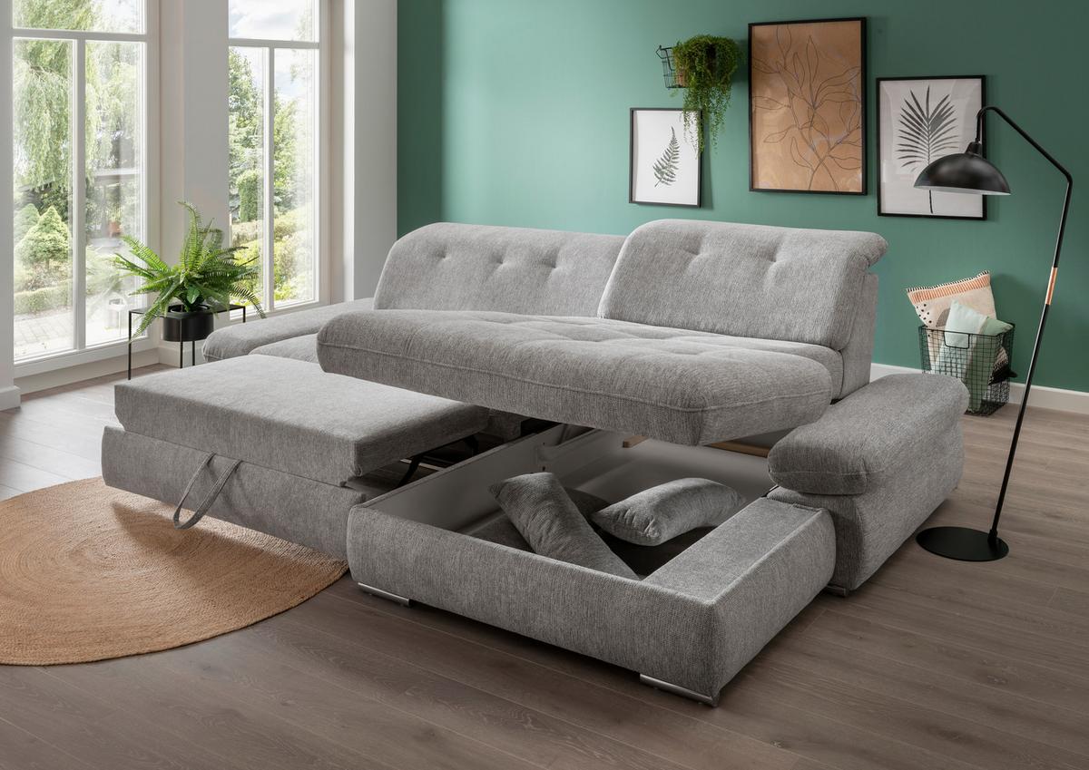 Ecksofa Mit Schlaffunktion Dalida Silberfarben Chenille - Chromfarben/Silberfarben, Design, Textil (300/196cm) - Livetastic