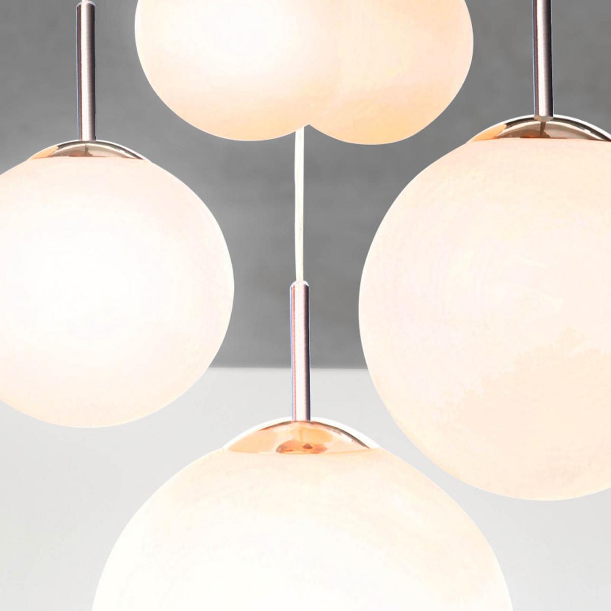 Hängeleuchte Balla H: 90 Cm 5-Flammig, Mit Opalglas-Kugeln - Opal/Nickelfarben, Basics, Glas/Metall (50/90cm) - Globo
