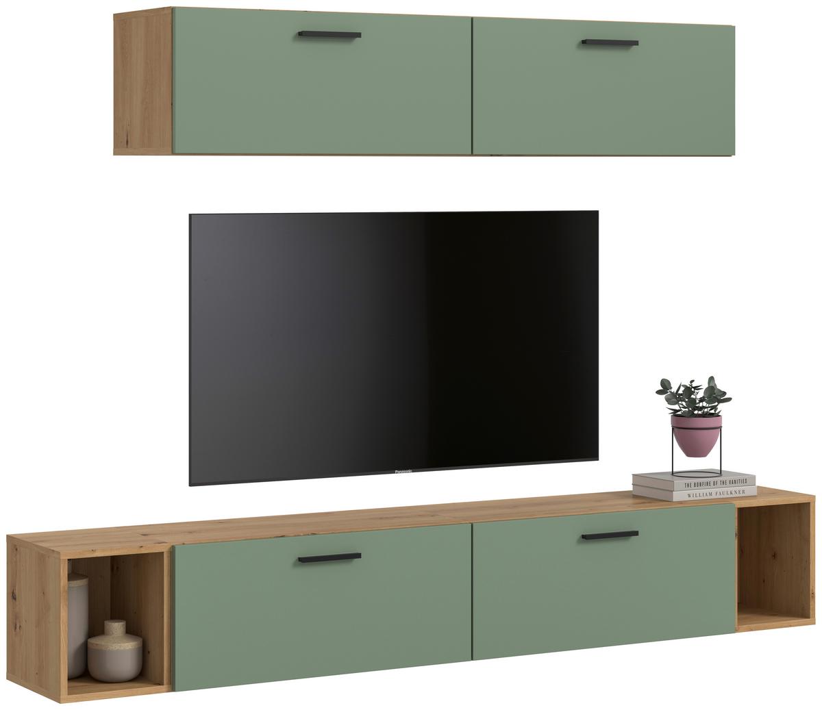 Wohnwand, The ONE 8, B: 150 cm Olivgrün/Artisan Eiche Dekor - Schwarz/Weiß, Trend, Holzwerkstoff (150/92/34cm)