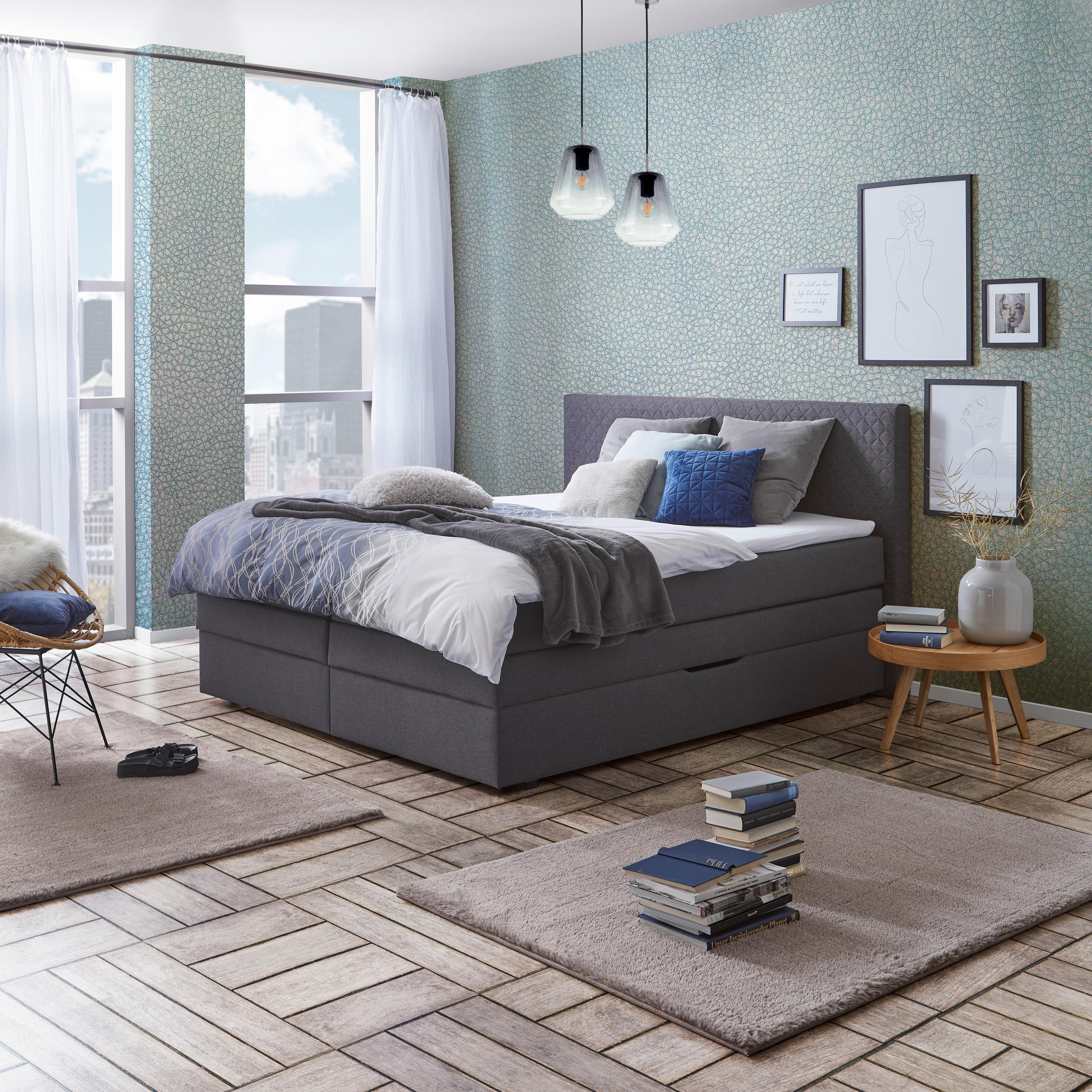 Boxspringbett mit Topper + Bettkasten 160x200 cm Leah - Dunkelgrau/Schwarz, KONVENTIONELL, Holz/Textil (160/200cm)