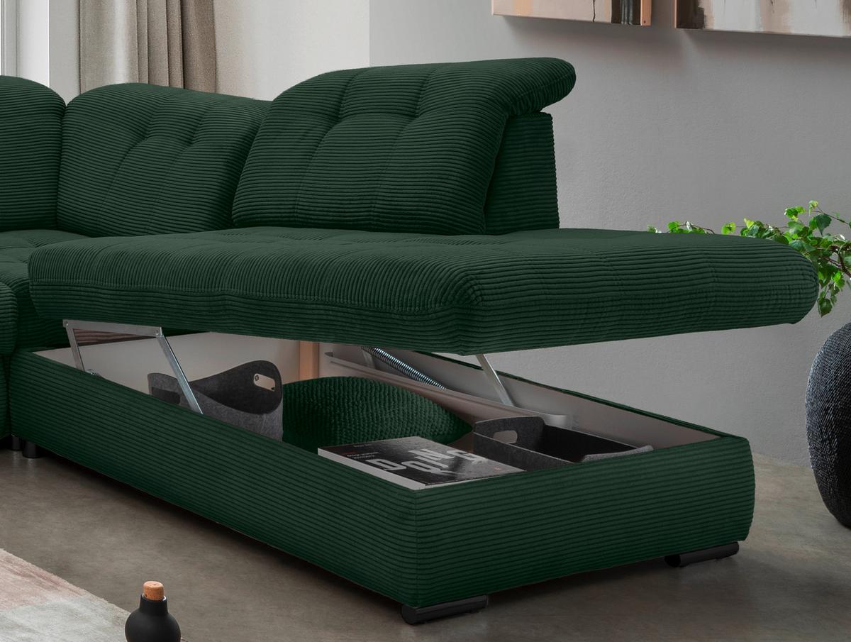 Wohnlandschaft Mit Bettkasten Rigatti Dunkelgrün B: 387 Cm - Dunkelgrün/Schwarz, MODERN, Textil (184/387/252cm) - Livetastic