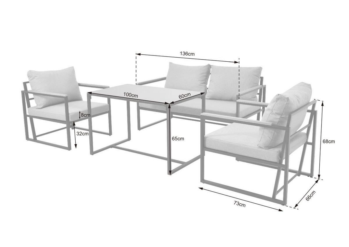 Loungegarnitur 4-Tlg. Messina Metall/Holz/Glas mit Kissen - Schwarz/Grau, MODERN, Glas/Holz (66/68/73cm) - Beldano