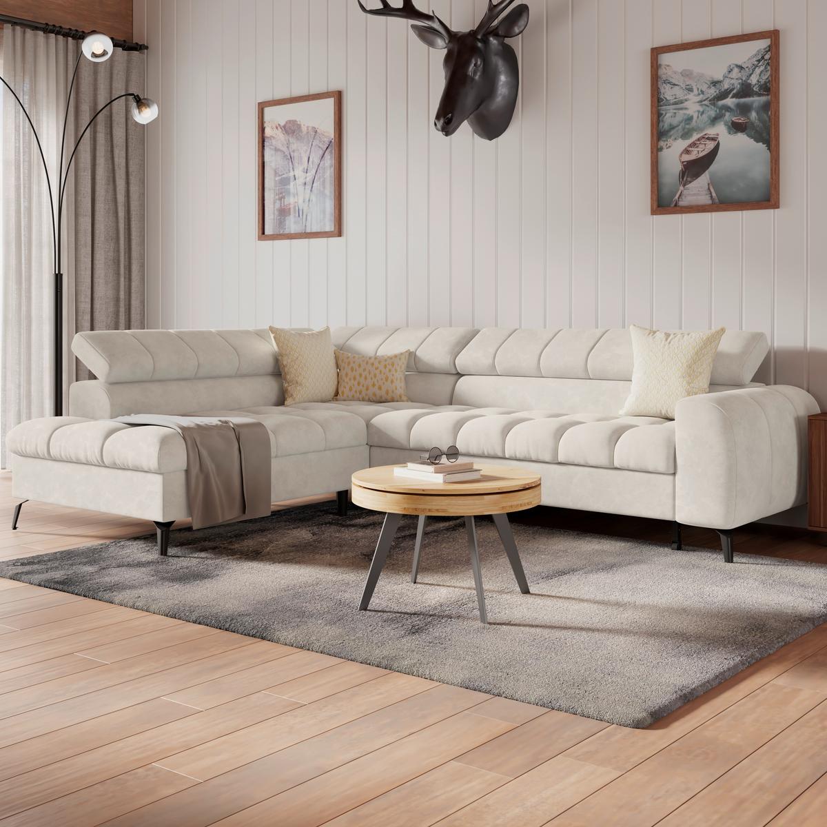 Ecksofa mit Schlaffunktion & Bettkasten Volf Cremefarben - Creme/Schwarz, Trend, Kunststoff/Textil (203/261cm)