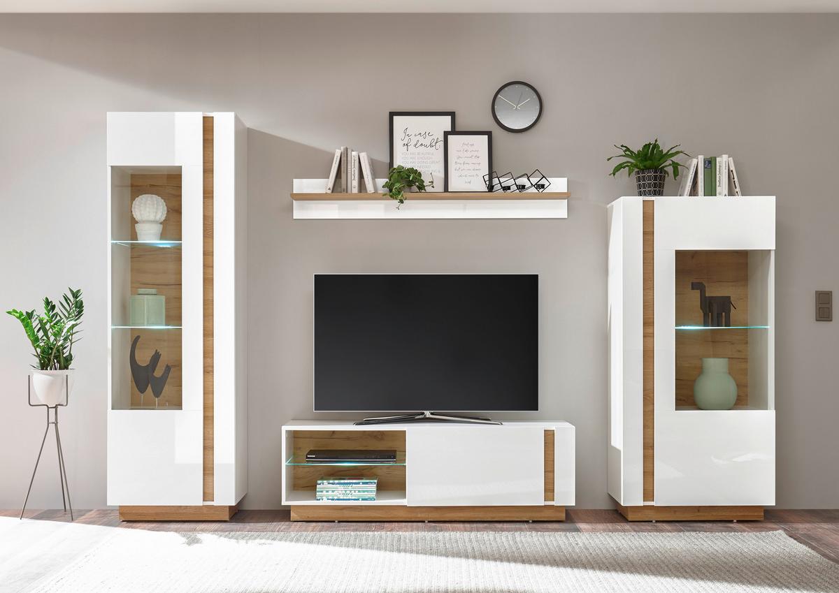 Wohnwand Clair Weiß/Eichefarben B: 290cm - Eichefarben/Weiß, Design, Glas/Holzwerkstoff (290/194/40cm) - MID.YOU