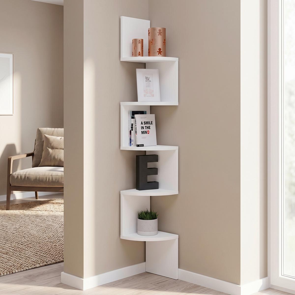 Rohový regál Mintis biely š: cca 20cm - biela, Basics, kompozitné drevo (19,6/123,6/19,6cm) - MID.YOU