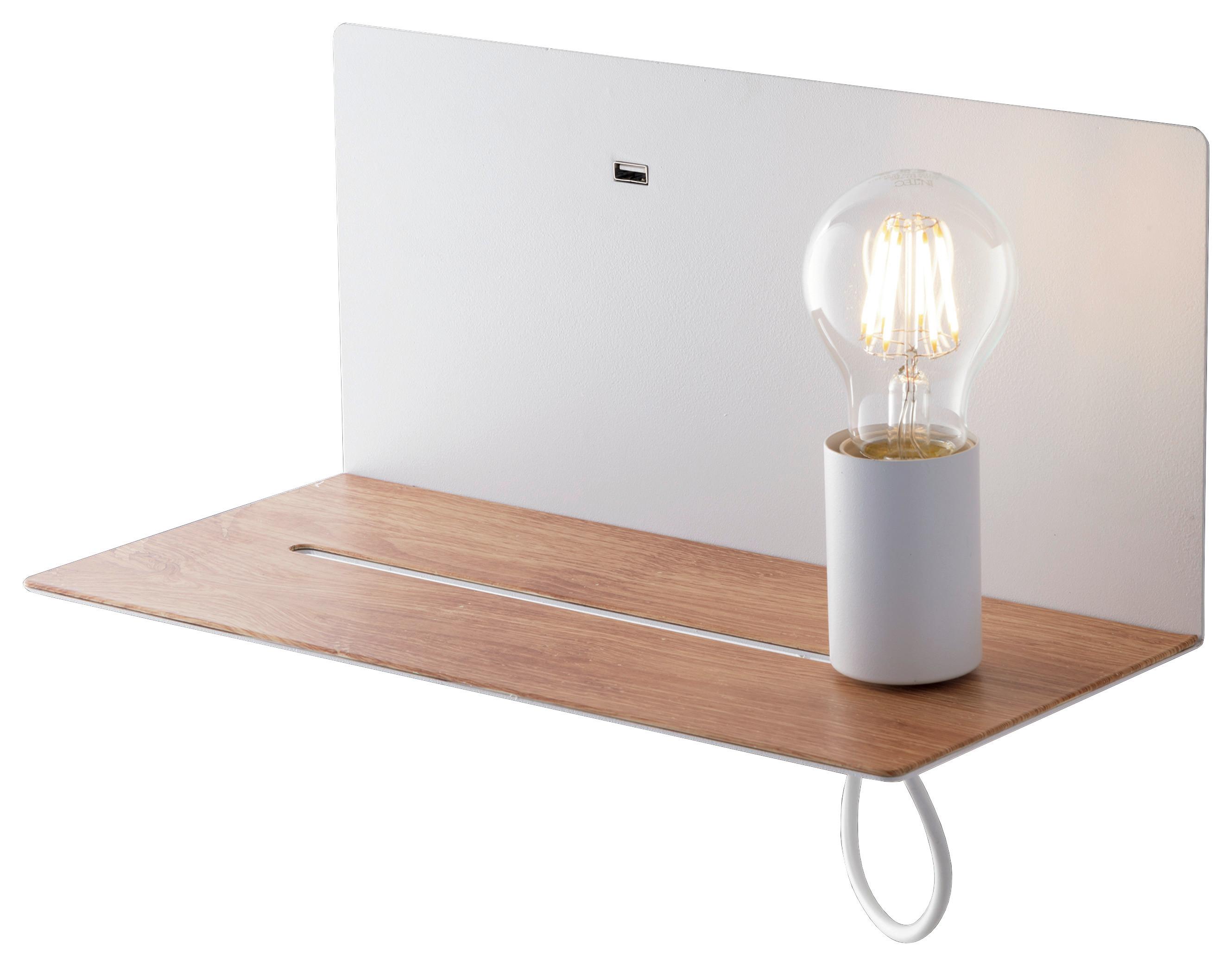 Wandleuchte Flash 1-Flammig Kippschalter + USB-Anschluss - Eichefarben/Weiß, Basics, Metall (15/33/18cm)