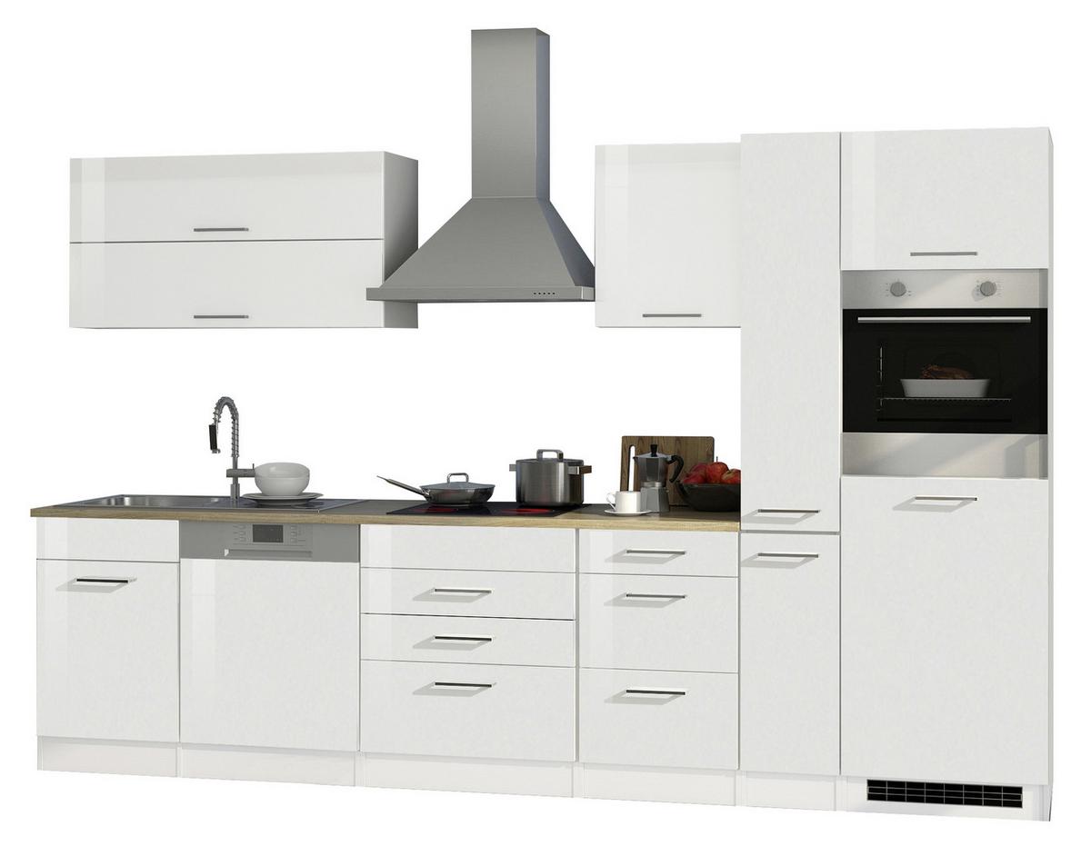 Küchenzeile Mailand mit Geräten 330 cm Weiß Hochglanz - Weiß Hochglanz/Eichefarben, MODERN, Holzwerkstoff (330cm) - Held