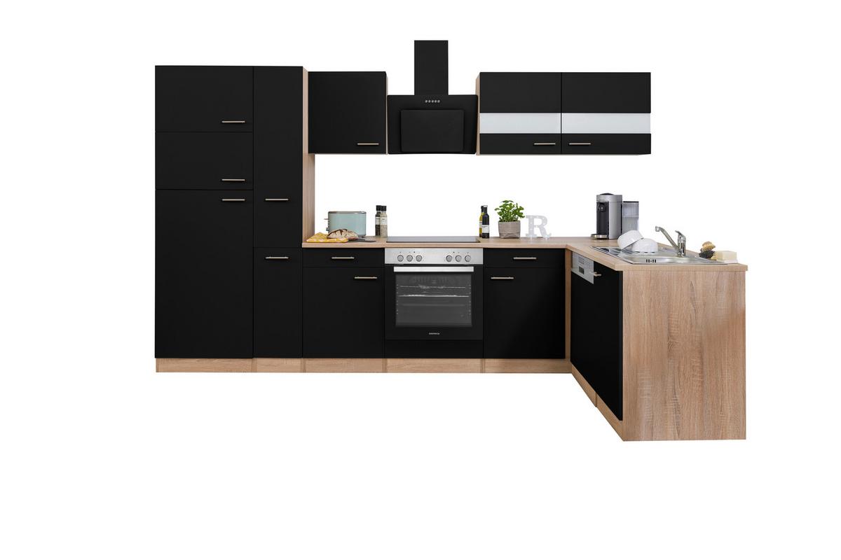 Eckküche Economy mit Geräten 172 cm Schwarz/Eichefarben - Eichefarben/Schwarz, Basics, Glas/Holzwerkstoff (310/172cm) - Respekta