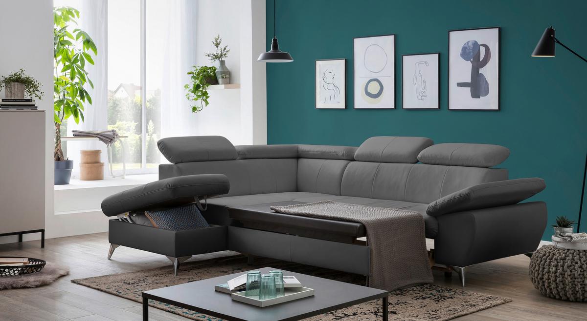 Ecksofa mit Schlaffunktion und Bettkasten Gisele Grau - Chromfarben/Grau, KONVENTIONELL, Textil (209/256cm) - Livetastic