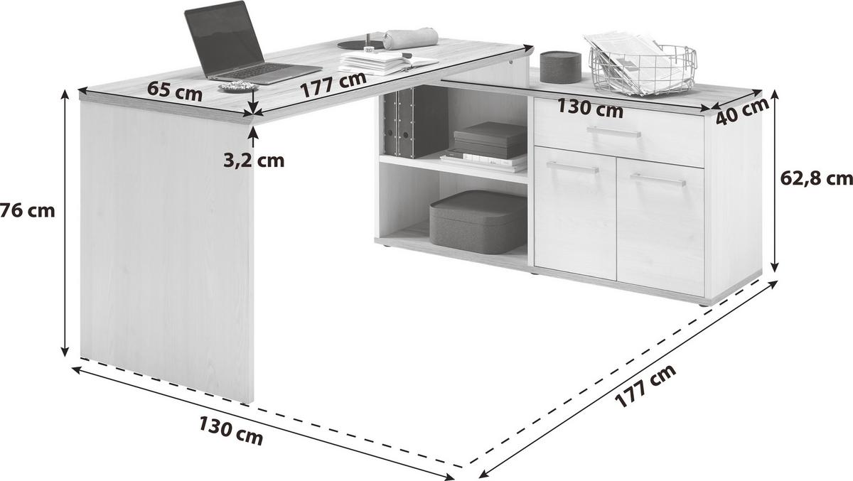 Eckschreibtisch Mit Stauraum B 130cm H 76cm Romance - Eichefarben/Weiß, Design, Holzwerkstoff (177/130/76cm) - MID.YOU