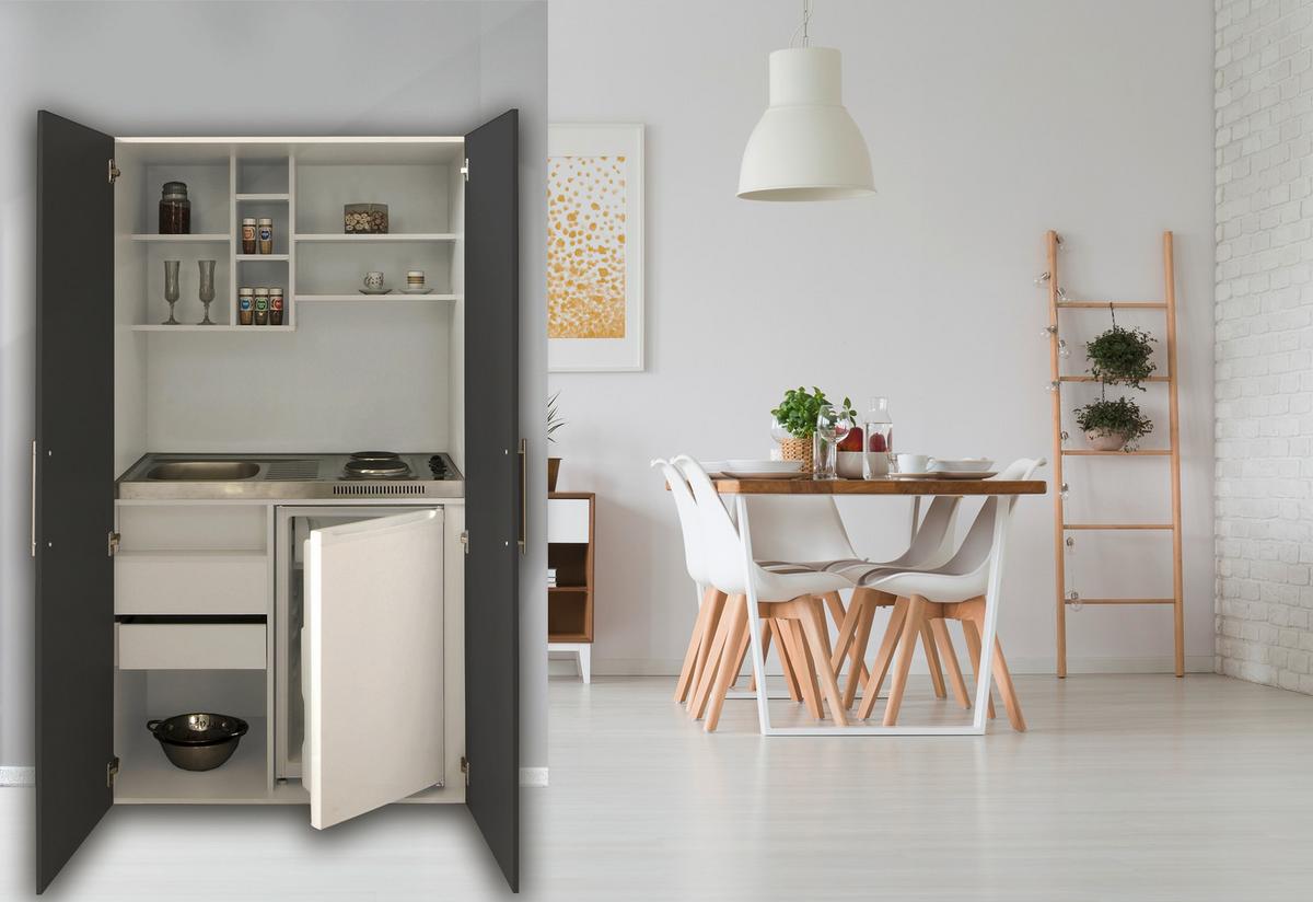 Schrankküche mit Kühlschrank + Kochfeld 104 cm Modern - Weiß/Grau, MODERN, Holzwerkstoff/Metall (104/193/67cm) - Respekta