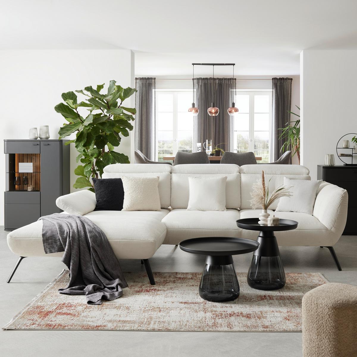 Rohová sedačka SEATTLE, levá, bílý manšestr, bez polštářů - bílá/černá, Moderní, kov/kompozitní dřevo (196/301cm) - Premium Living
