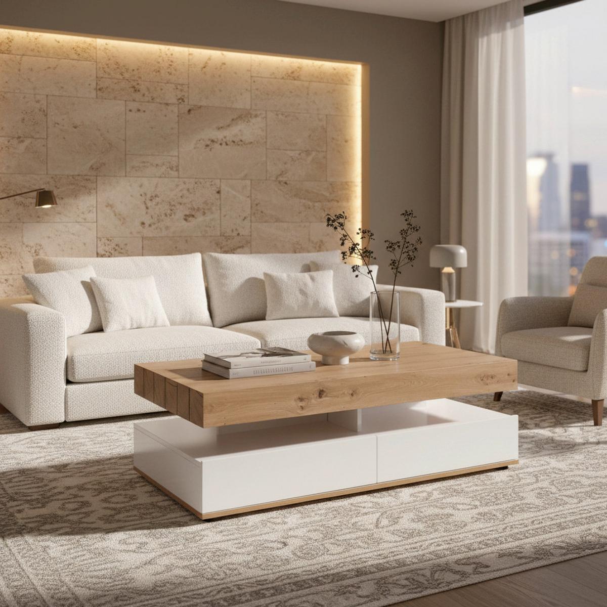 Konferenčný stolík CARA - biela/farba duba, Modern (110/60/38cm) - Bessagi Home