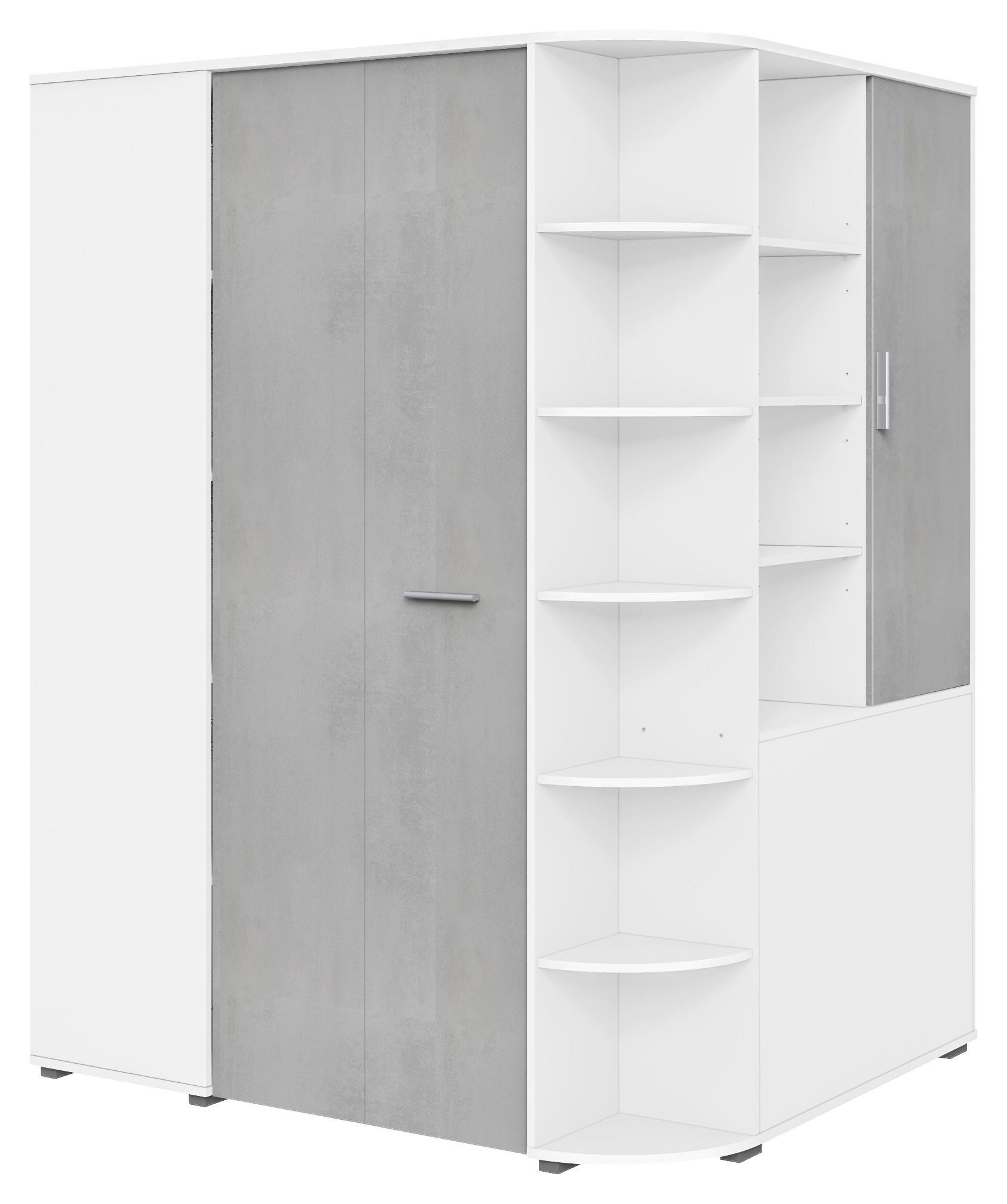 Rohová skriňa YOUNG dekor biela/betón - sivá/biela, Konventionell, kompozitné drevo/plast (124/198/148cm) - Mömax