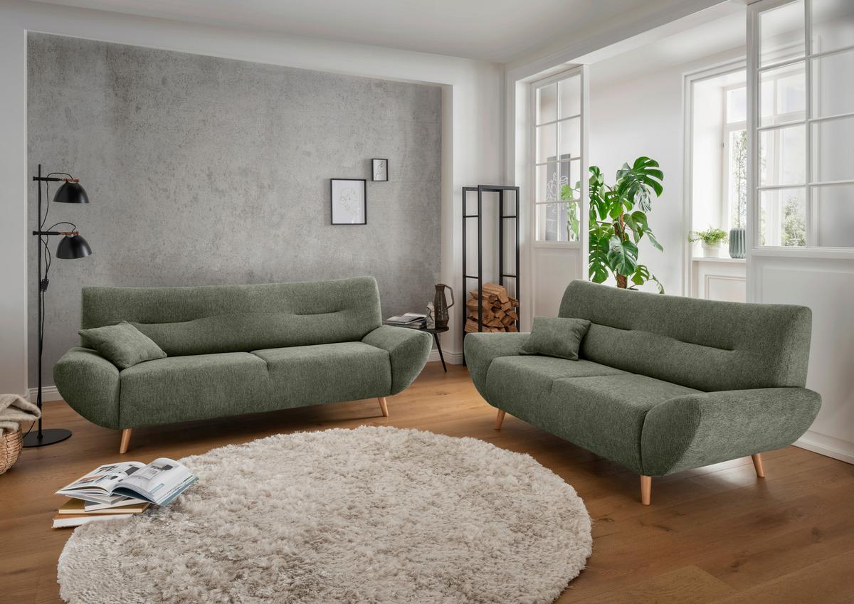 3-Sitzer-Sofa Chenille Dunkelgrün, Rücken Echt - Wildeiche/Dunkelgrün, MODERN, Textil (205/81/90cm) - MID.YOU