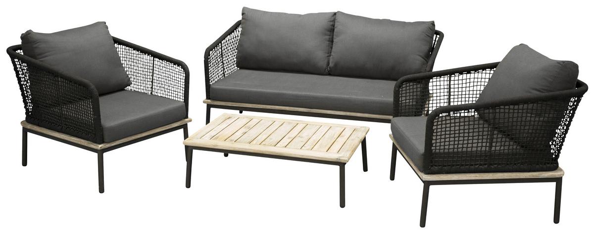 Loungegarnitur 4-tlg Andorra Kunststoff/holzdekor M. Kissen - Schwarz, KONVENTIONELL, Kunststoff (79,5/148cm) - Gardenson